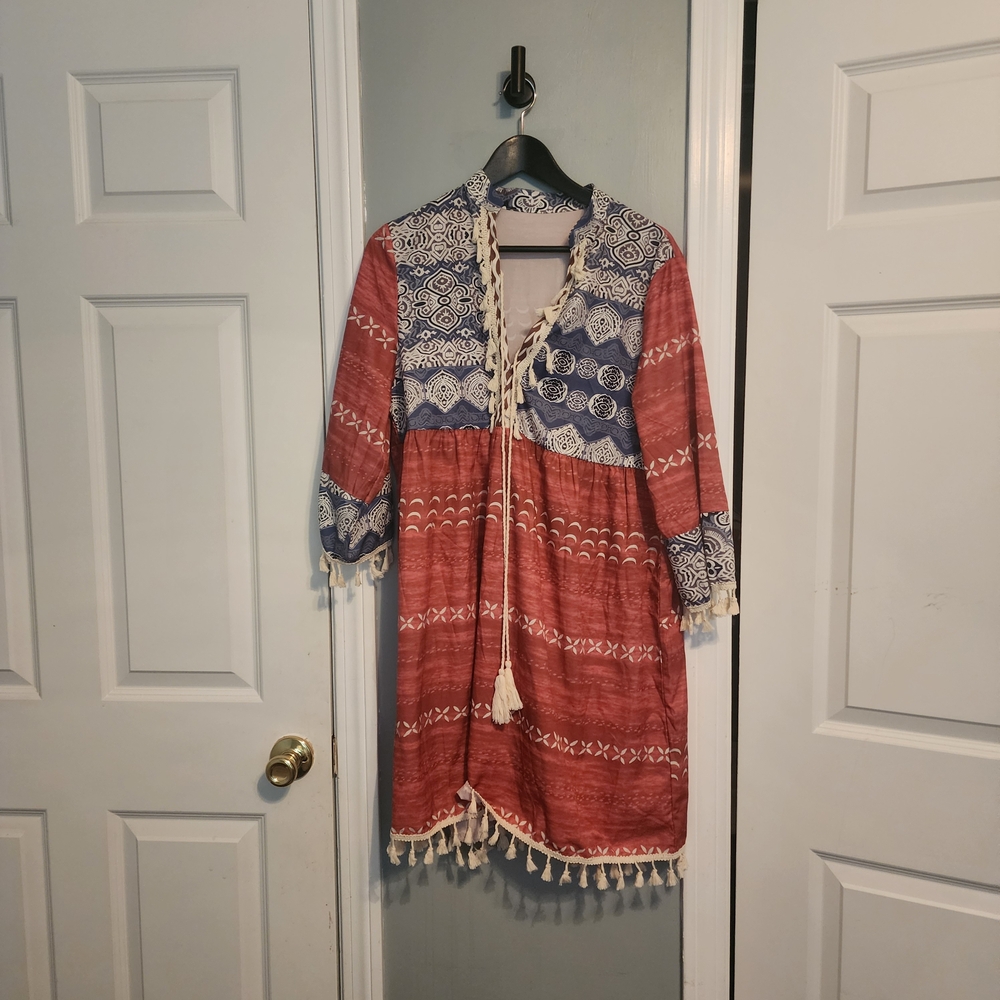 SHEIN Red and Cream Patterned Dress